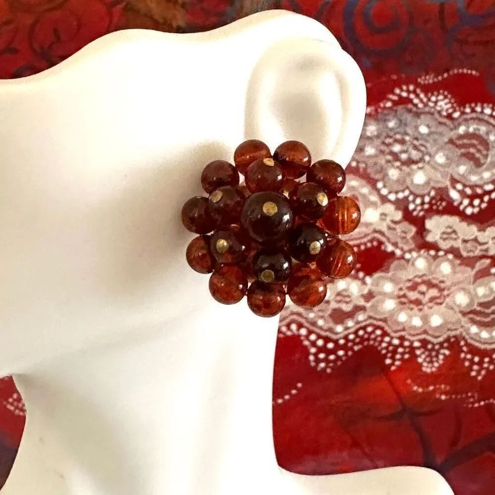 Amber tone cluster beaded vintage post earrings